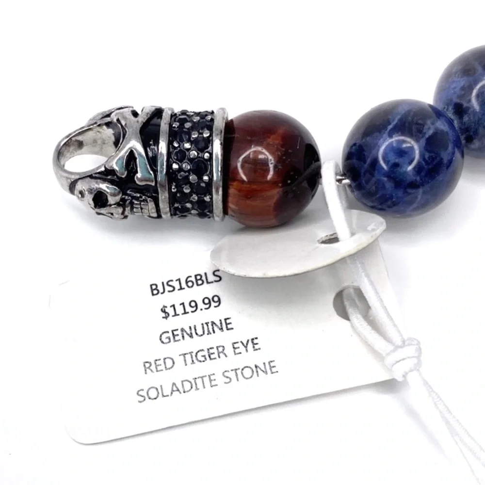 Blackjack Bracelet Beaded Sodalite & Red Tiger Eye Stainless Steel Skull New NWT